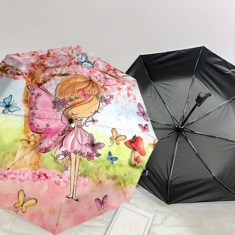 1pc fairy butterflies Automatic Folding Umbrella, Heavy Duty 8 Rib Iron Frame,  Suitable for Travel, Daily Use, Birthday, Decor Gift m0104042