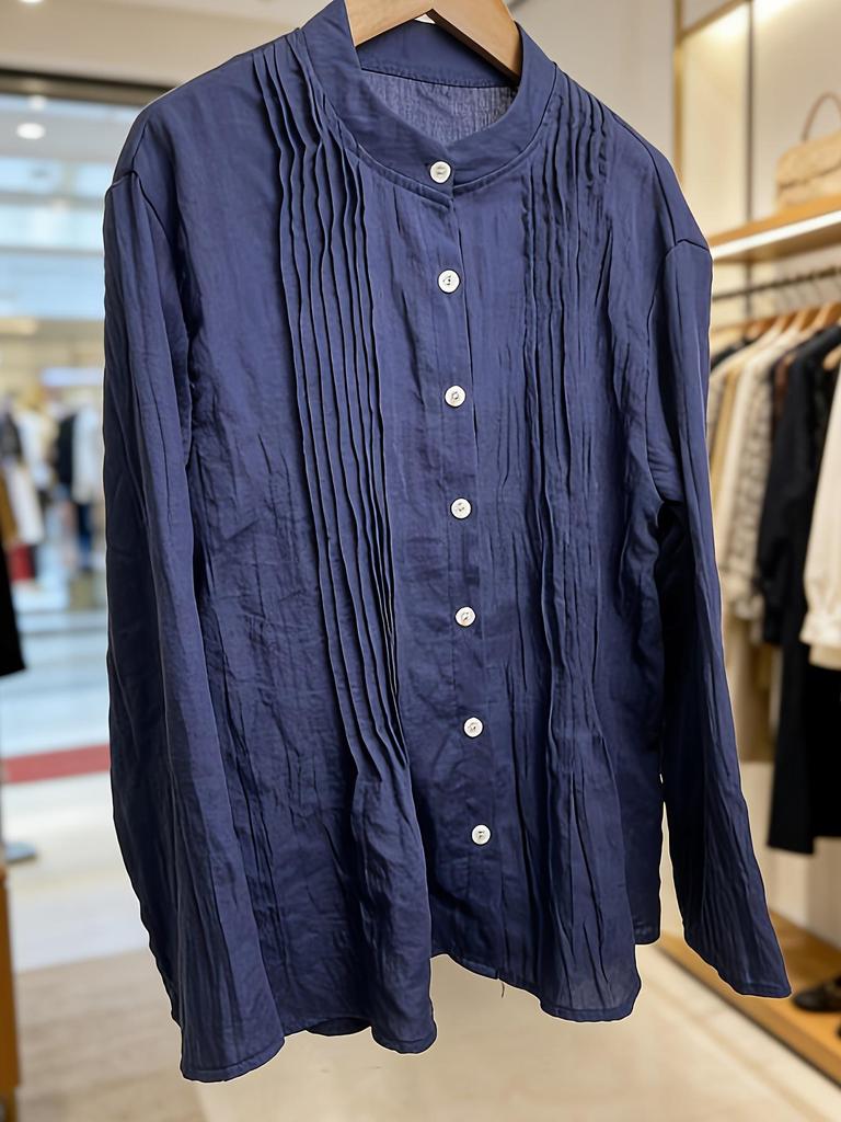 Chemise Blanche Rétro en Coton et Lin à Manches Longues Plissée pour Femme