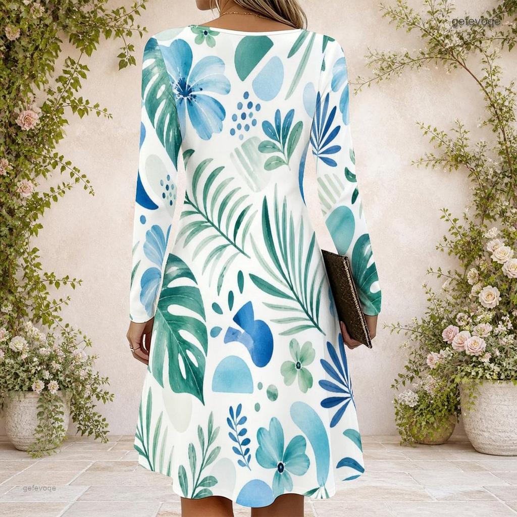Women Criss Cross V Neck Long Sleeve Tropical Leaf Printed Fitted Curved Hem Dress