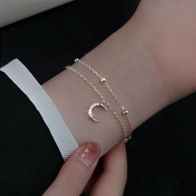 S925 Sterling Silver Star and Moon Double Layer Bracelet for Women - Summer Light Luxury Design
