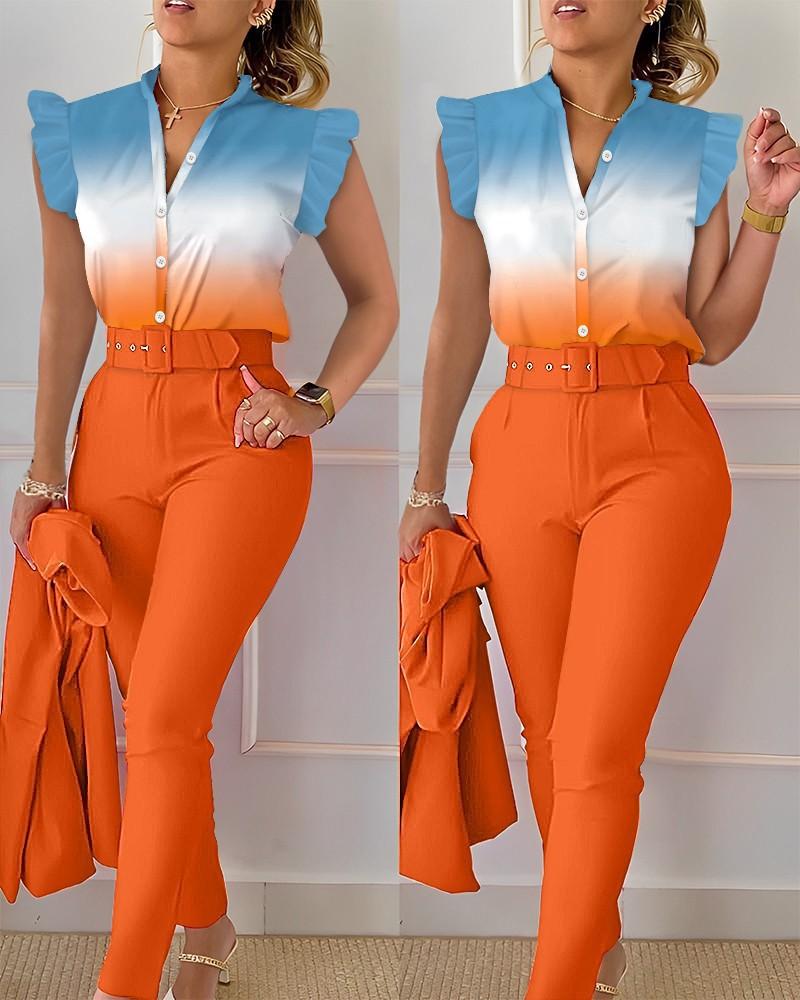 Two Piece Sets Women Outfits Elegant Single Breasted Short Sleeve Top Work Pants Casual Suit