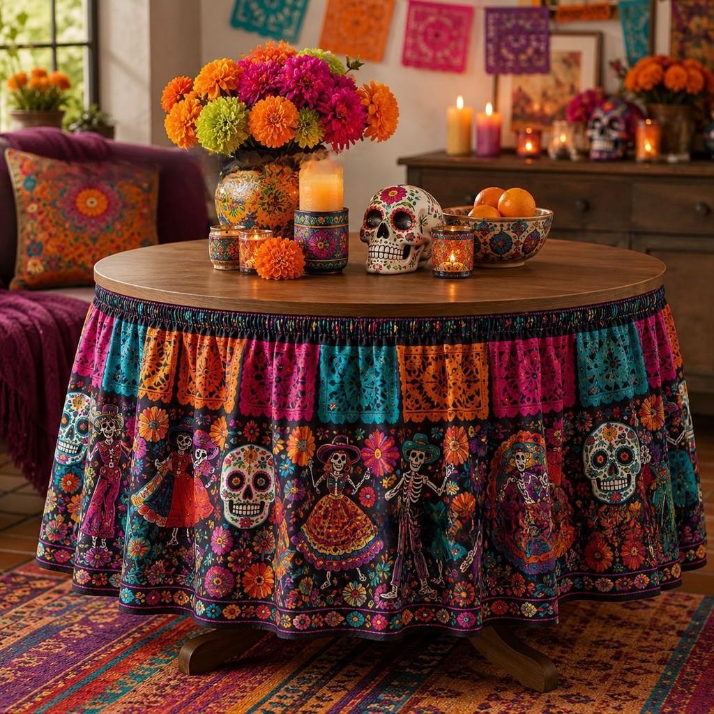 Dia De Los Muertos Table Skirt Mexican Skull Pattern Polyester Party Decor For Events
