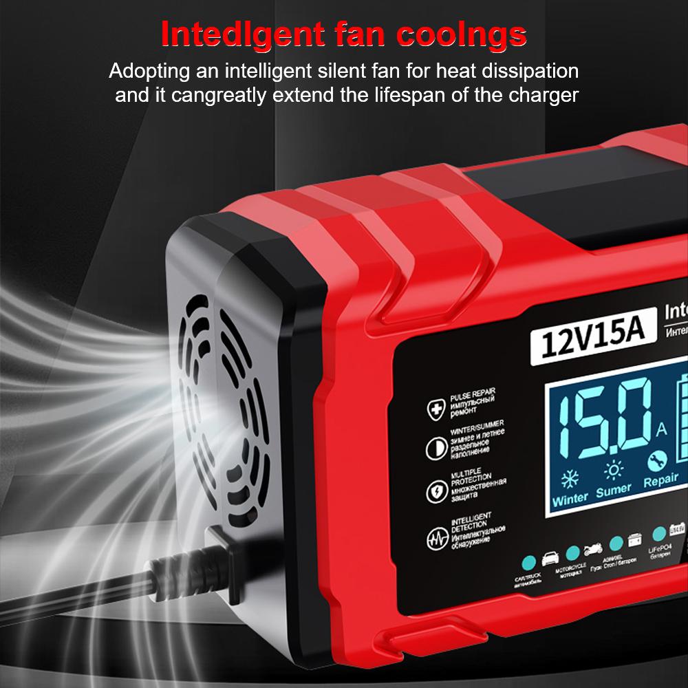Intelligent Pulse Repair Maintenance Lead-Acid Smart Battery Charger 12V 15A 12A Car Motorcycle Battery Charging Multifunctional Portable 2025 New