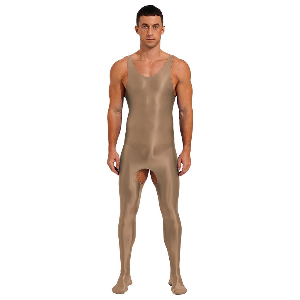 Herren-Dessous, glänzend, glatt, dehnbar, ärmellos, U-Ausschnitt, offener Schritt, Ganzkörper-Bodysuit mit Füßen