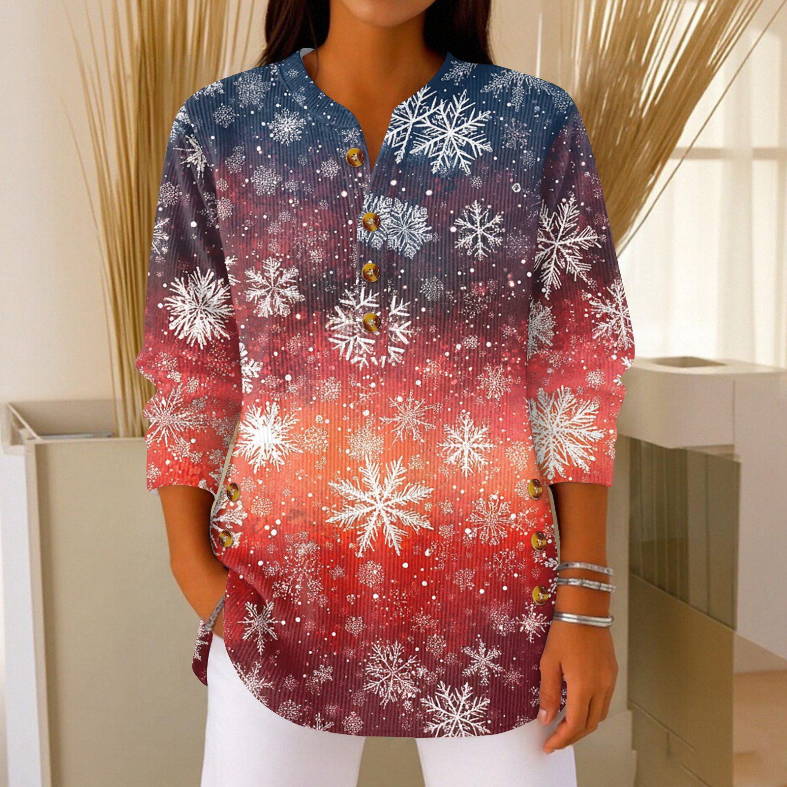 

Women s Fashionable Button Collar Long-sleeved Christmas Print Pullover Top S оранжевый