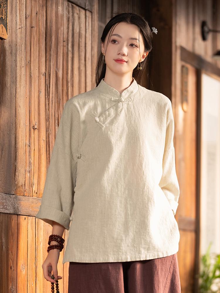 25 Autumn Retro Stand Collar Women's Cotton Linen Shirt with Frog Buttons - Zen Tea Ceremony Style
