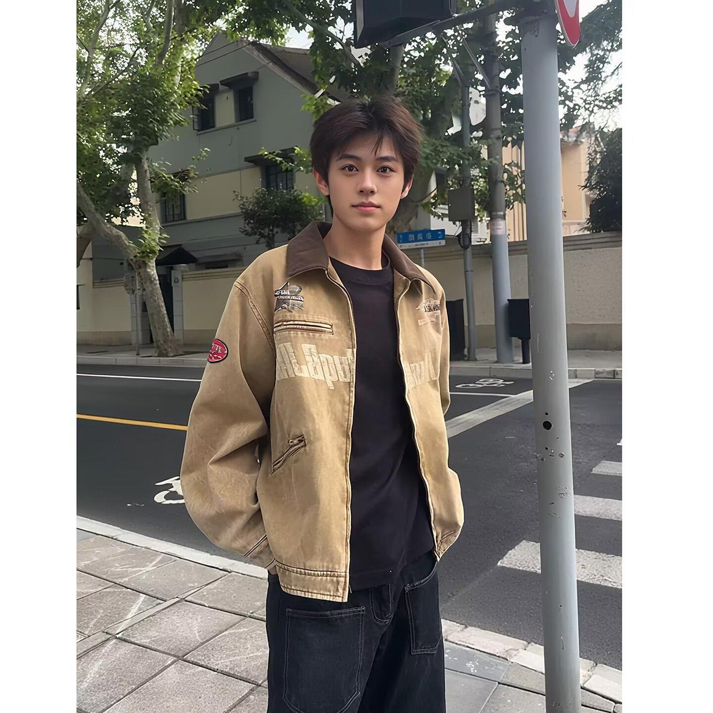 Men s Khaki Retro Barn-Style Workwear Bomber Jacket for Autumn and Spring 2XL