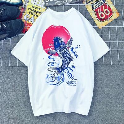 Japanese Trendy Brand Ukiyo-e Painted Carp Retro Hip-hop Loose Large Size Cotton Short-sleeved T-shirt for Men and Women