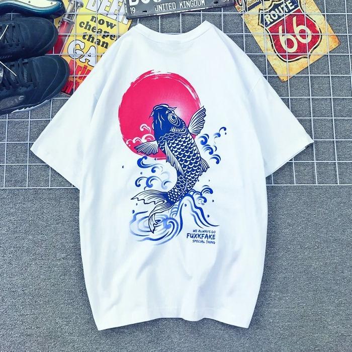 

Японский трендовый бренд Укиё-э Расписной карп Ретро Хип-хоп Свободная Большого размера Хлопковая футболка с коротким рукавом для мужчин и женщин 3XL