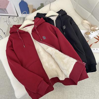 Lamb Cashmere Hoodie for Women In Winter Women's Loose and Plush Thickened and Warm Zippered Hooded Jacket