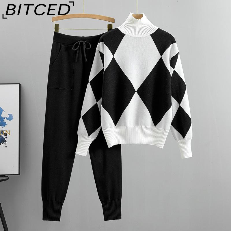 BITCED Módní set Dámský jarní a podzimní ležérní pletený kostkovaný svetr Dvoudílný set