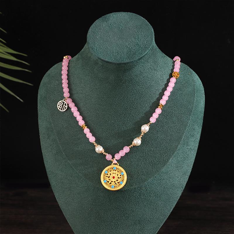 Chinese Style Pearl Necklace Hanfu Accessory Zinc Alloy Hollow Carved Pendant Long Chain Necklace