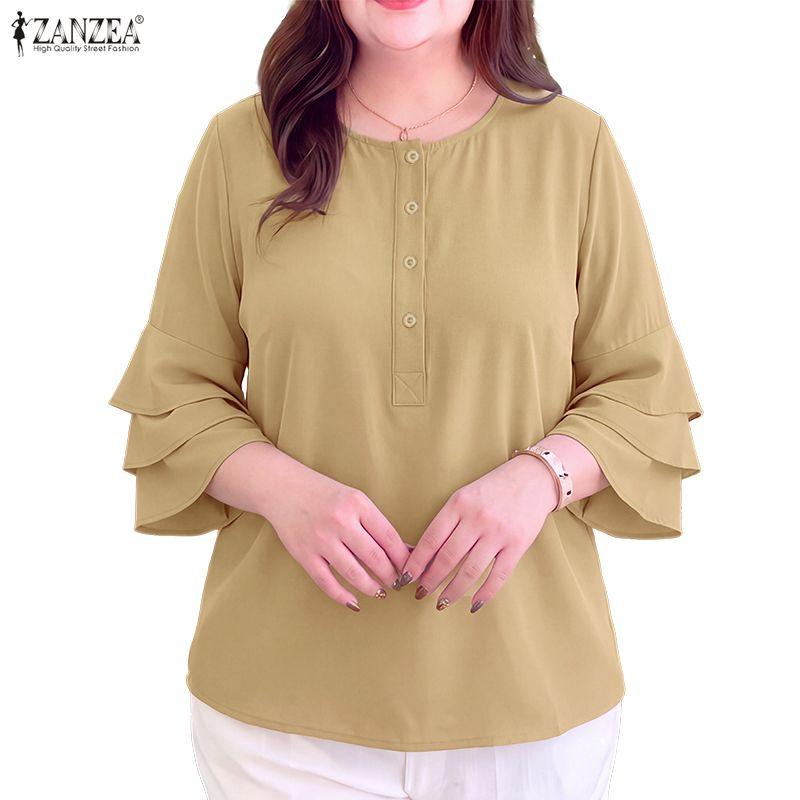 ZANZEA Lässige Bluse mit Rundhalsausschnitt und 3/4-Ärmeln für Damen