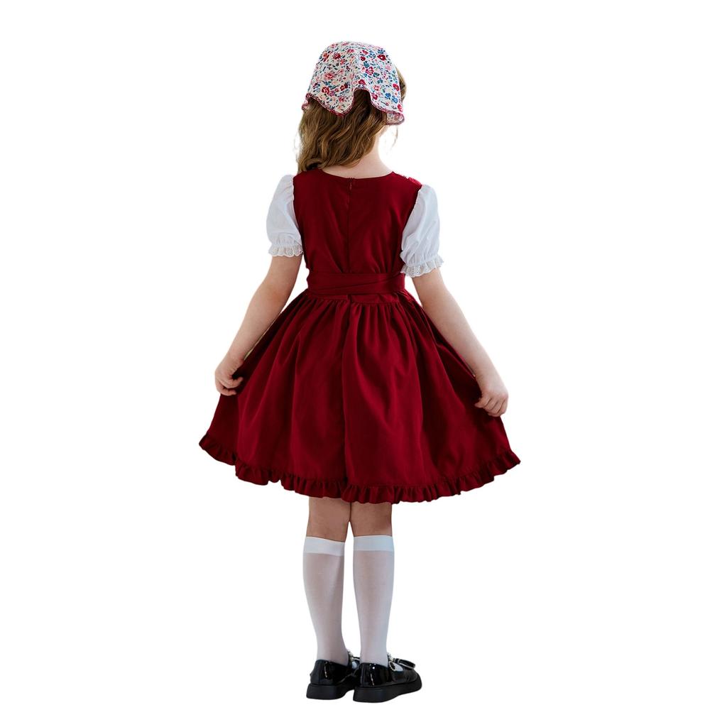 Girls Traditional Farm Dress with Apron and Headscarf Bavarian Oktoberfest Costume for Kids Rustic Country Style Outfit