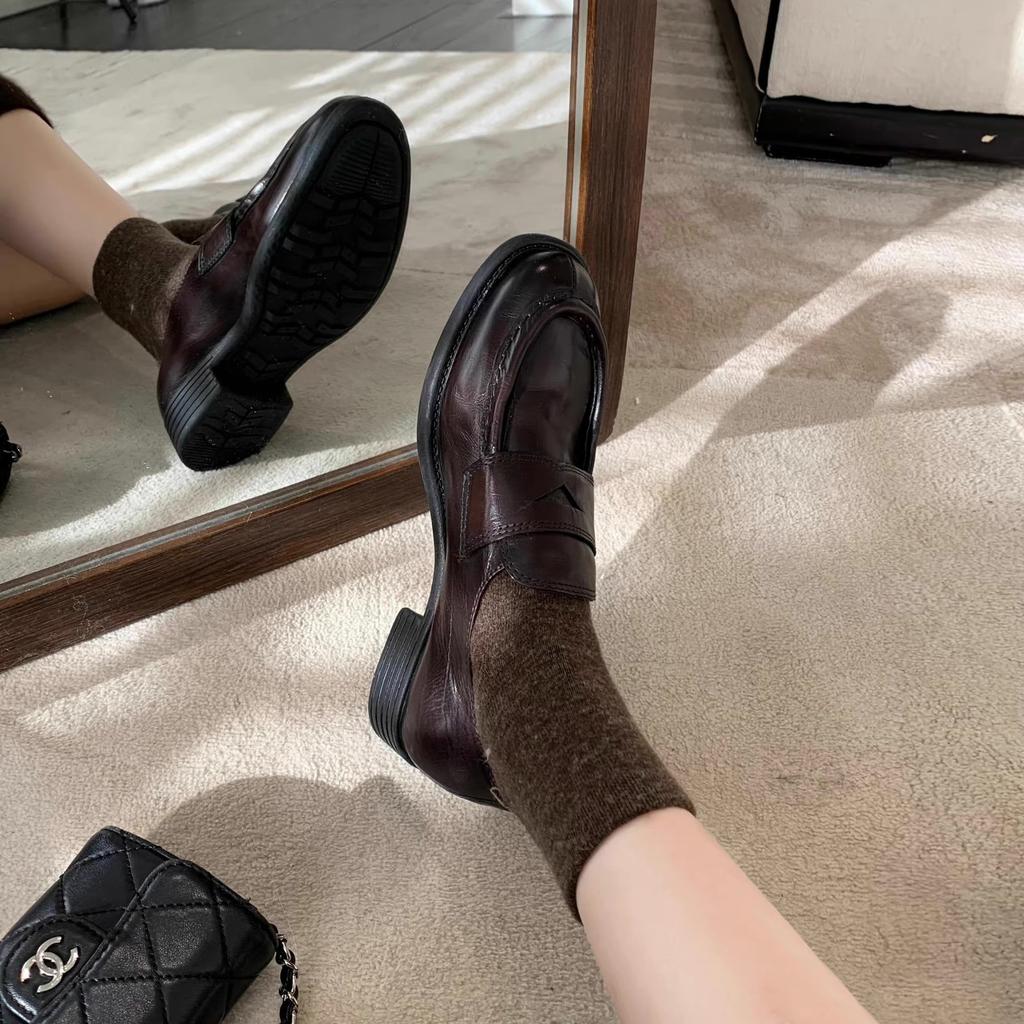 Cowhide version~ British style Oxford shoes round head one-pedal loafers women's leather low-heeled single shoes old small leather shoes