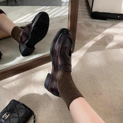Cowhide Version~ British Style Oxford Shoes Round Head One-pedal Loafers Women's Leather Low-heeled Single Shoes Old Small Leather Shoes