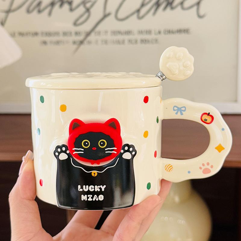 Cartoon Magnetic Little Black Cat Ceramic Cup with Lid Spoon Cute Animal Children Breakfast Milk Oatmeal Cup Souvenir 380ml