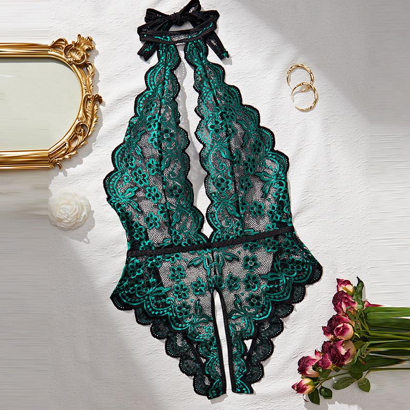 One-piece Porn Lingerie Transparent Hollow Crotchless Bodysuit  Erotic Costume Women's Lace Deep V Bra Open Sexy Underwear Set