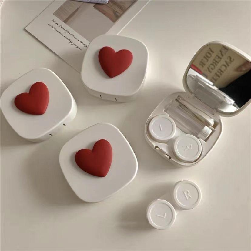 Pink Love Three-Dimensional with Mirror Colored Contact Lenses Case High Sense Girl Cute Macaron Color Ins Invisible Couple Box