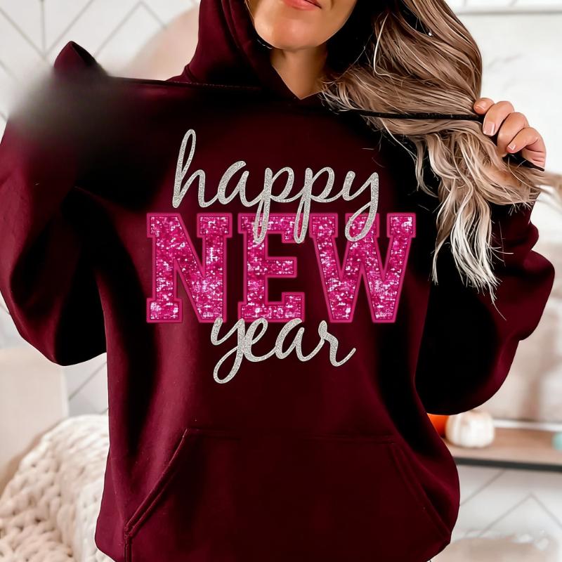 Happy Holidays New Year Sequins Glitter Instant Sublimation Download Digital Desigl Pink and Silver Winter Matching Hoodies