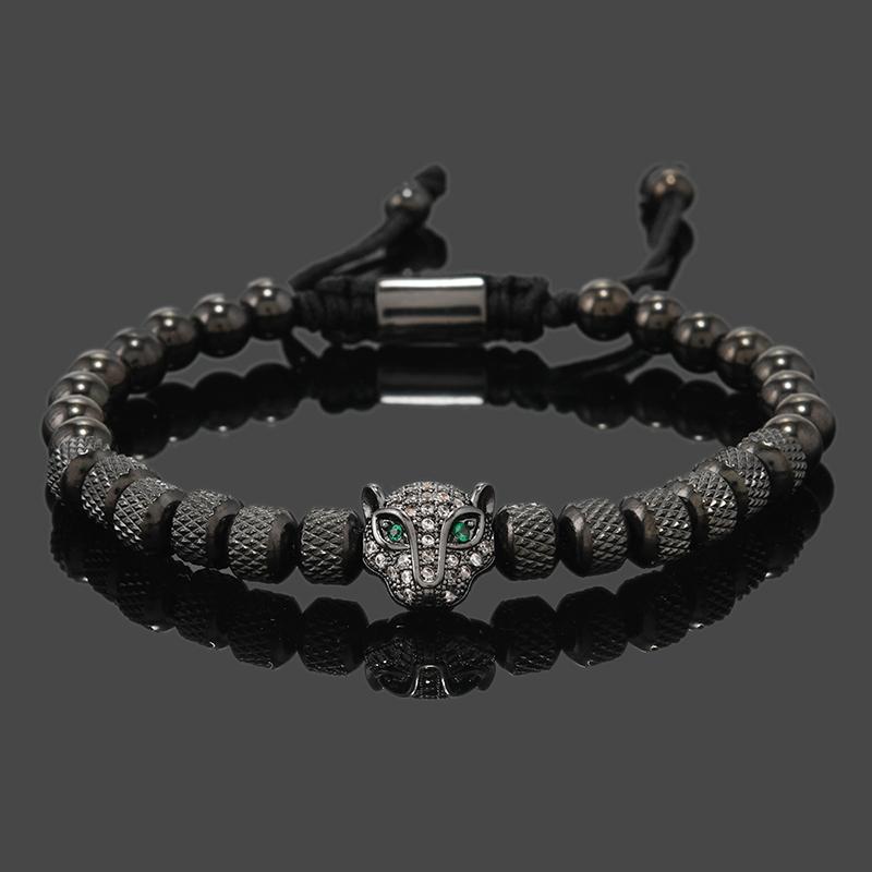 Luxury Royal Black Leopard Head Man Bracelet Stainless Steel Beads Hand Jewelry Big Boy Gift