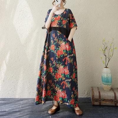 Short Sleeve Plus Size Cotton Vintage Floral New In Dresses for Women Casual Loose Long Summer Dress