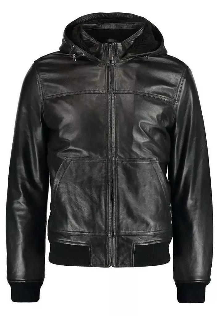 Original Leather Handmade Biker Motorcycle Stylish Black Men's Hoodie Jacket Genuine