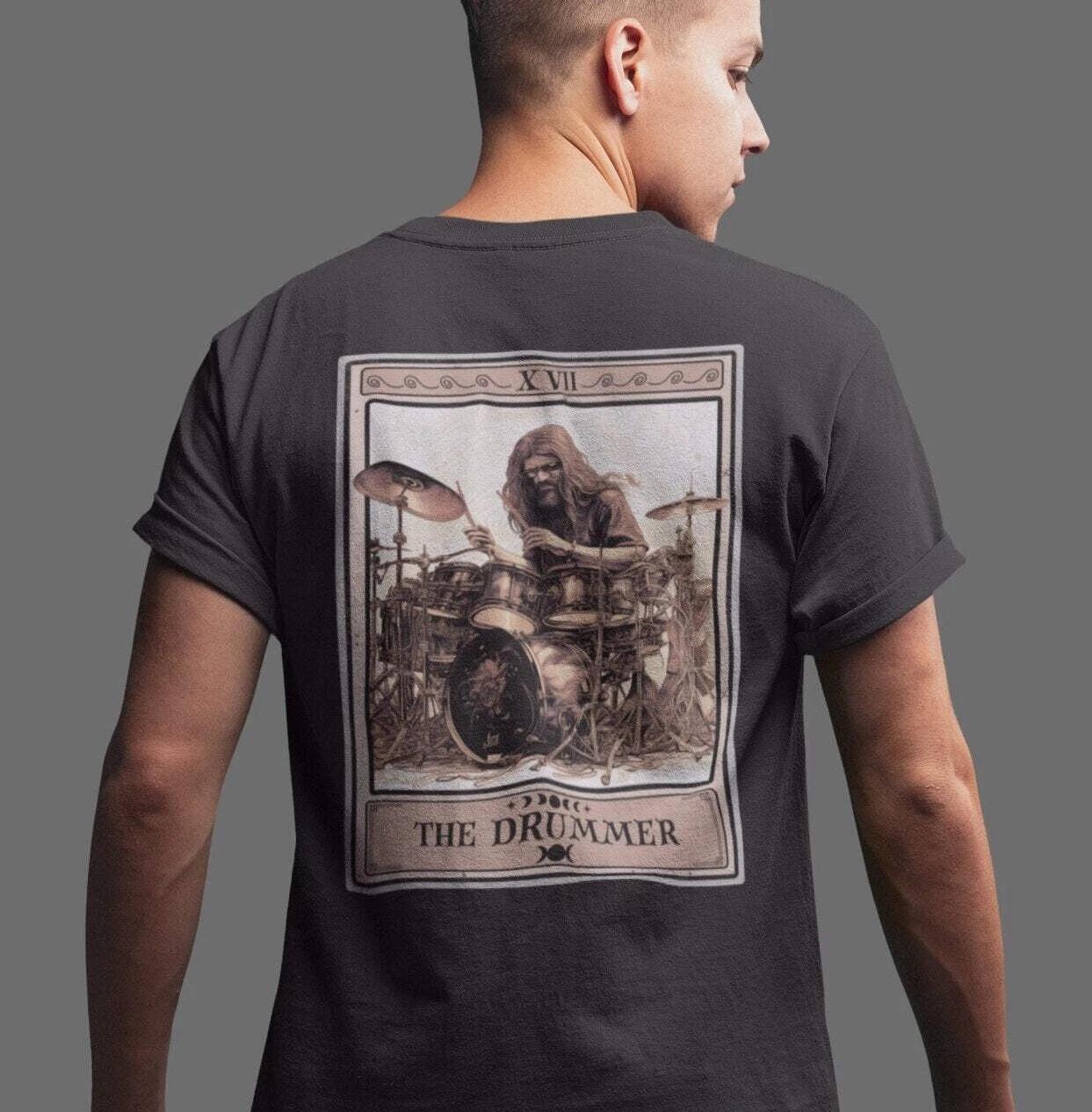 The Drummer Tarot Card Shirt, BACK PRINT Rock Drum Player S