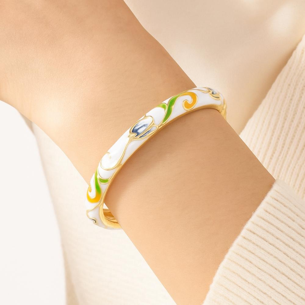 Traditional Lotus Flower Bangle Open Cheongsam Bracelet Hawaiian Chinese Cloisonne Bracelet Daily