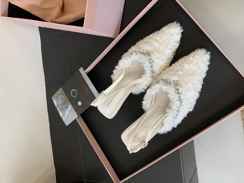 Hand-made Rhinestones, Back Straps, I-heel, Medium Heel, Lamb Wool, Pointed Head, Bag Head, Fluffy Shoes, Special-shaped Heel, Women's Shoes, Autumn