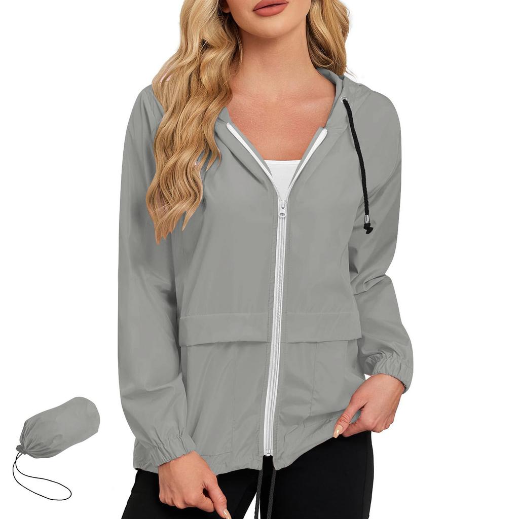 Womens Lightweight Waterproof Windproof Outdoor Jacket Full Zip Hooded Raincoat Casual Shell Coat with Adjustable Drawstrings