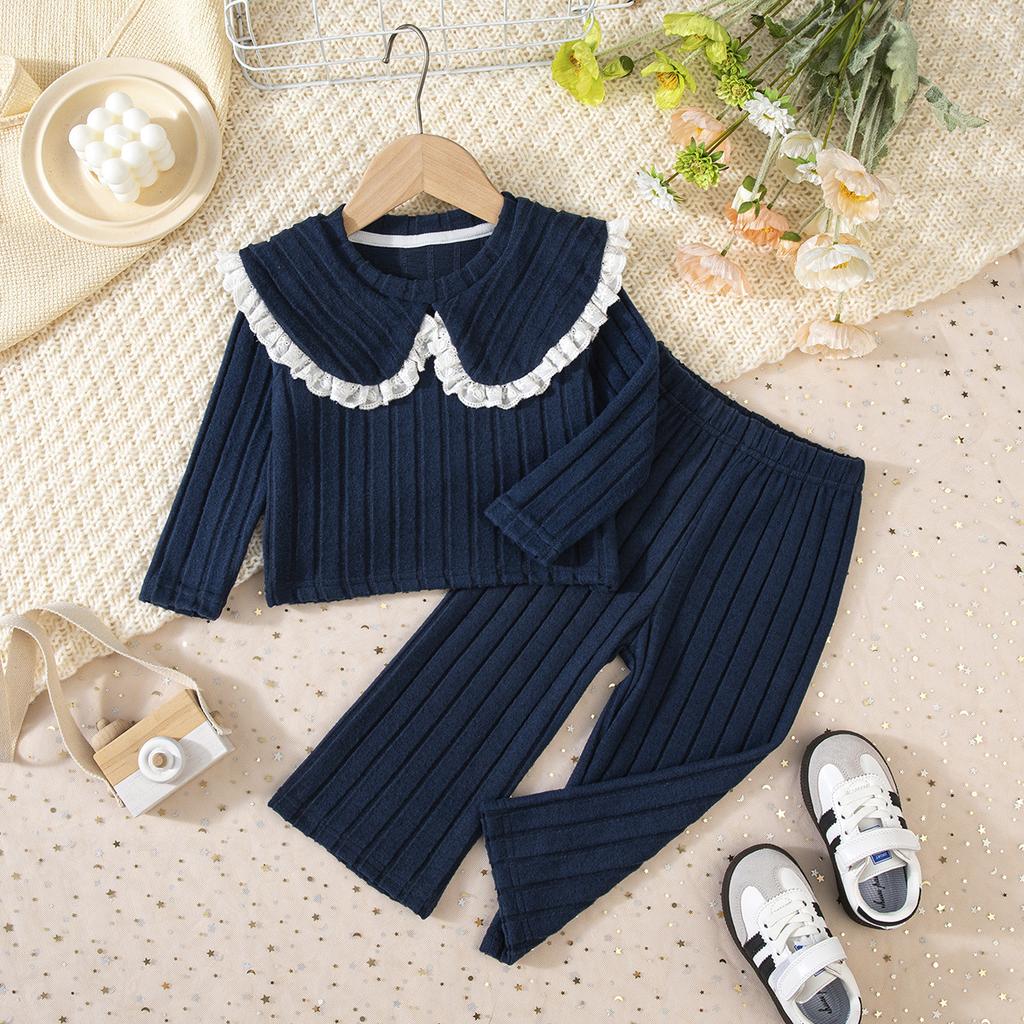 Girls' Autumn and Winter Knitted High Neck Lace Edge Patchwork Top+contrasting Pants Set, A Must-have for Casual and Versatile Outdoor Wear
