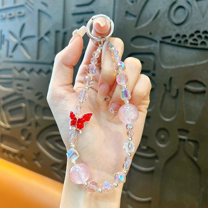 Flash Beaded Mobile Phone Chain Crystal Bow Key Bag Lanyard Pearl Mobile Phone Lanyard Small Gift