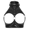 Womens O Ring Halter Crop Top Open Cup Underwire Bra Rivet Detail Wet Look Clubwear