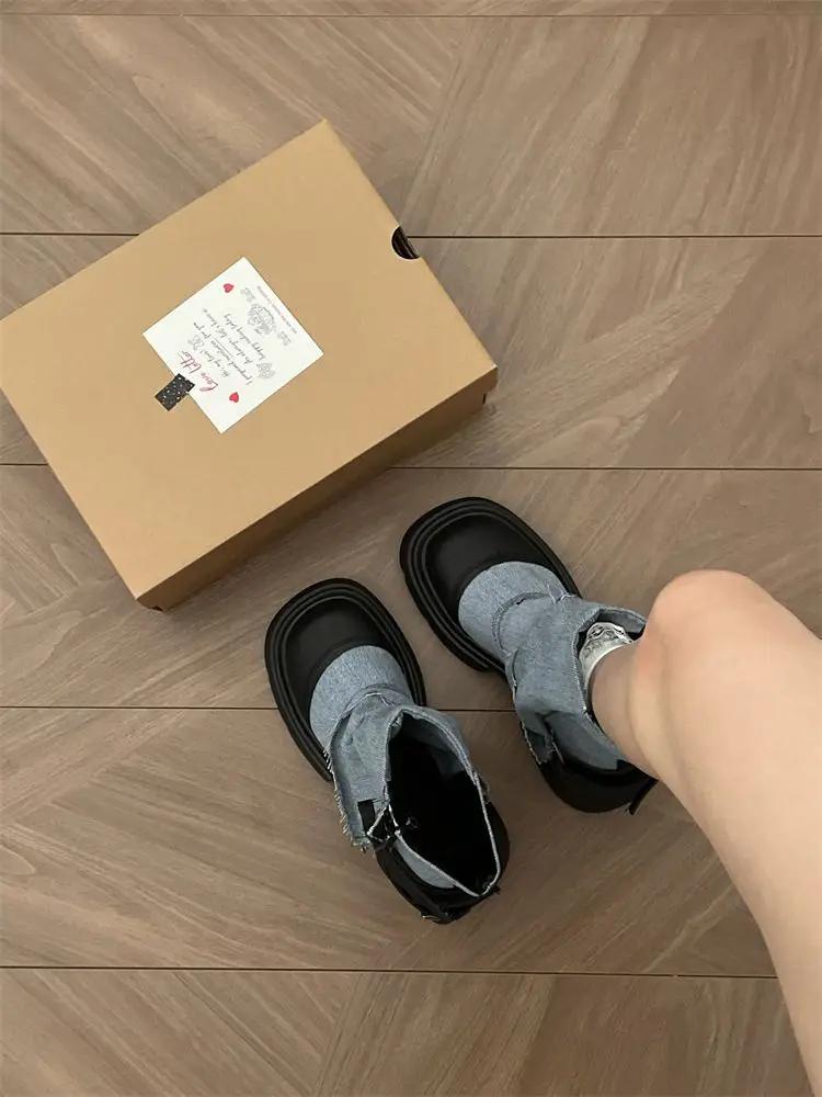 Fashion Platform Studded Denim Mid Calf Shoes Woman Cowboy Round Toe Cowgirl Half High Boots for Women New In Fashion 2024 Work Footwear