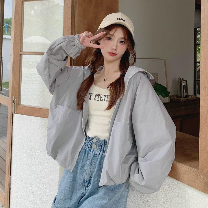 Hooded Short Sports Jacket Women's Casual Loose Solid Colour Zip Punching Jacket Spring and Summer Versatile Sunscreen Jacket