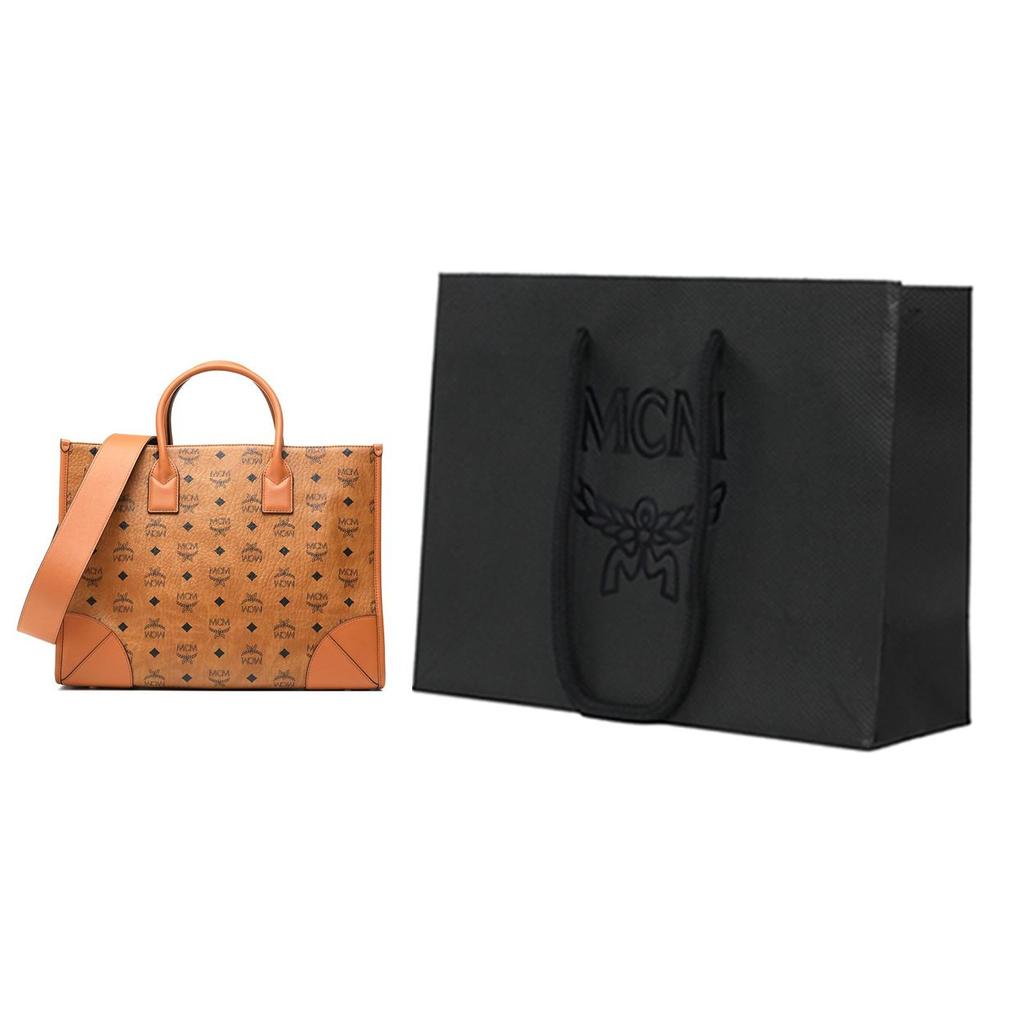 MCM Monogram Print Commuter Tote Shopping Bag Shoulder Crossbody Leather Handbag Large Women tote Brown Cognac MWTCSBO02CO001