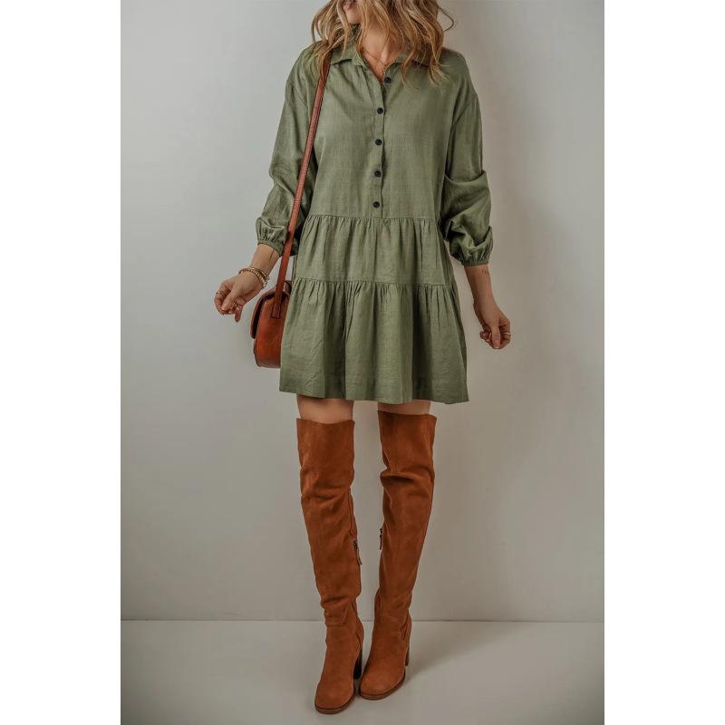 Women's Solid Color Long Sleeve Lapel Button Loose Short Dress