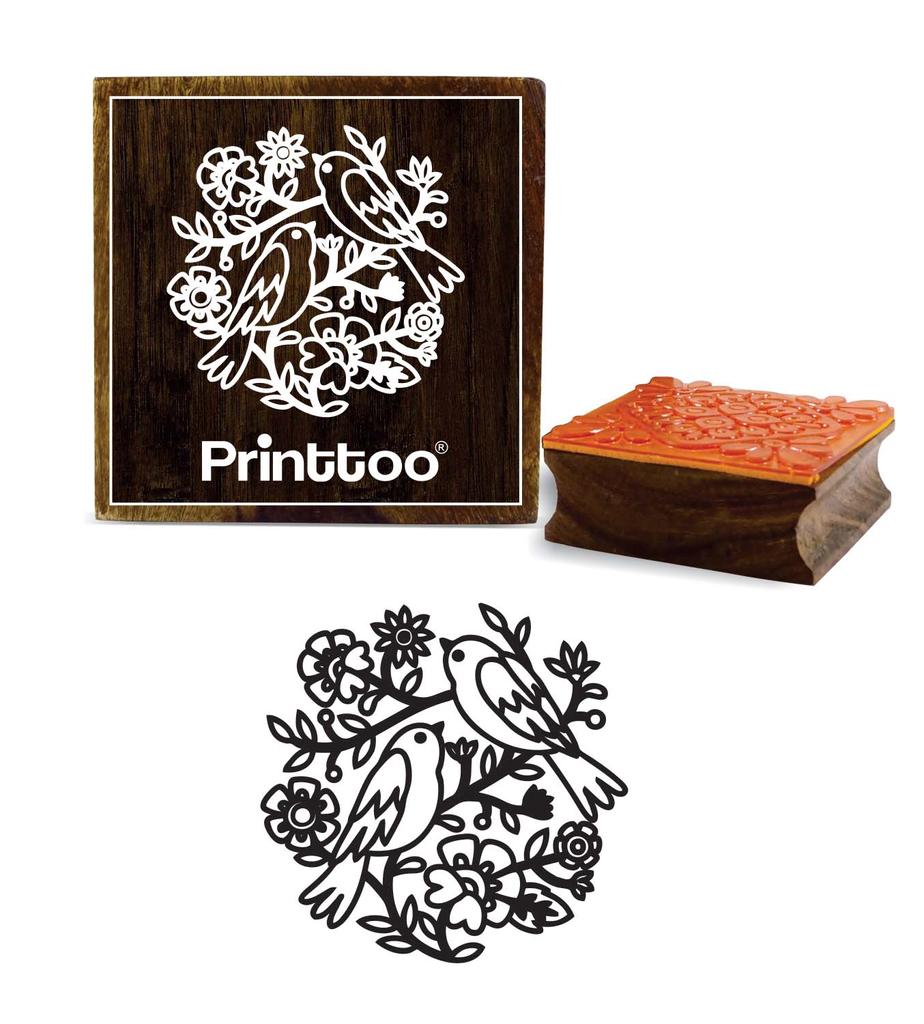Printtoo Square Floral & Bird Pattern Wooden Rubber Stamp Card Making Stamps-2 x 2
