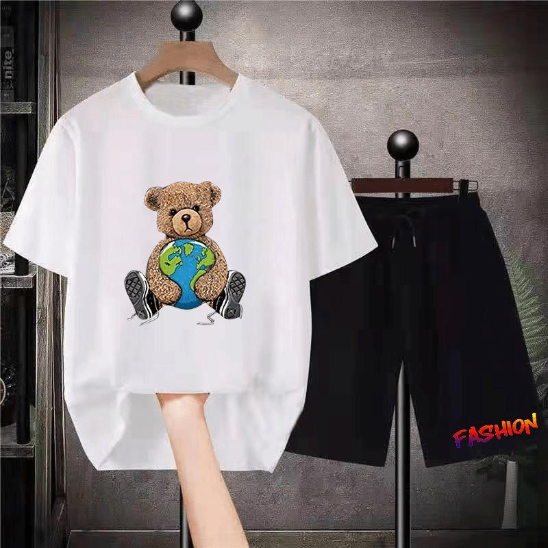 Korean Brand Bear Print T-shirt Men's Cotton Short-sleeved Oversized T-shirt Hip-hop Retro Suit Unisex Free Shipping