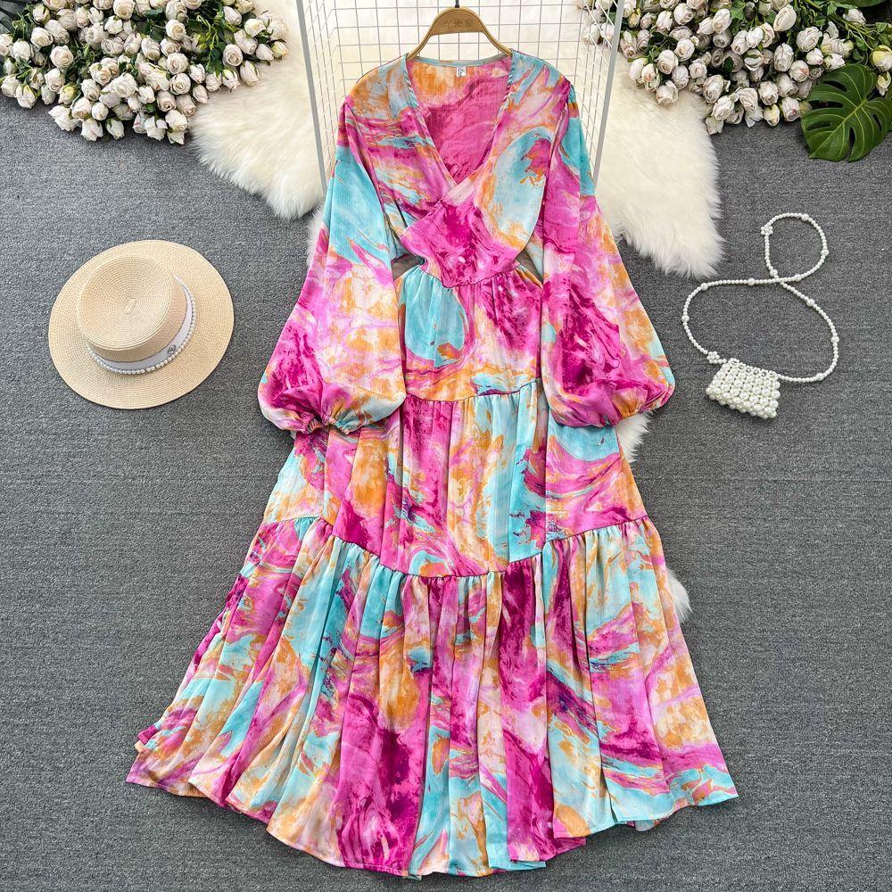 High-end Celebrity Temperament Lantern Long-sleeved V-neck Waist Thin A-word Printed Dress Elegant Pendulum Long Skirt