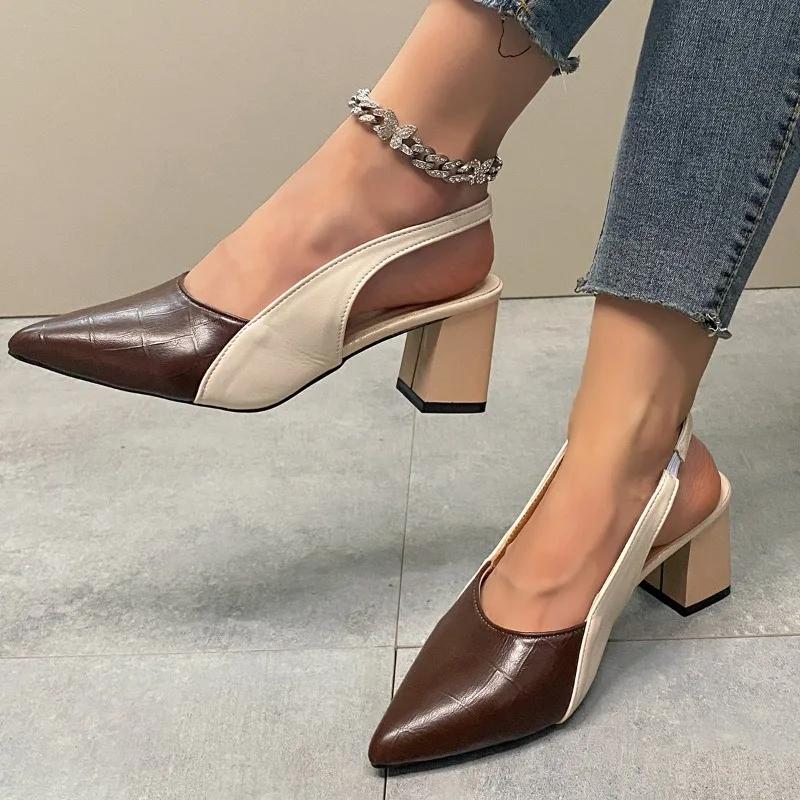 

Ladies Shoes 2025 Fashion Slingbacks Women s Pumps Spring Autumn Pointed Toe Mixed Colors Dress Block Heel Shallow Kick Shoes 35 коричневый