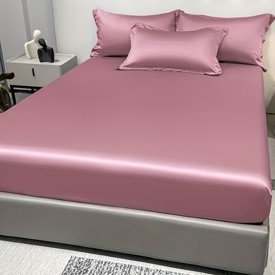 1 Simple Modern Satin Solid Color Fitted Sheet,Deep Pink Color Ice Silk Bedspread For Bedroom,Bedding (Excluding Pillowcases)