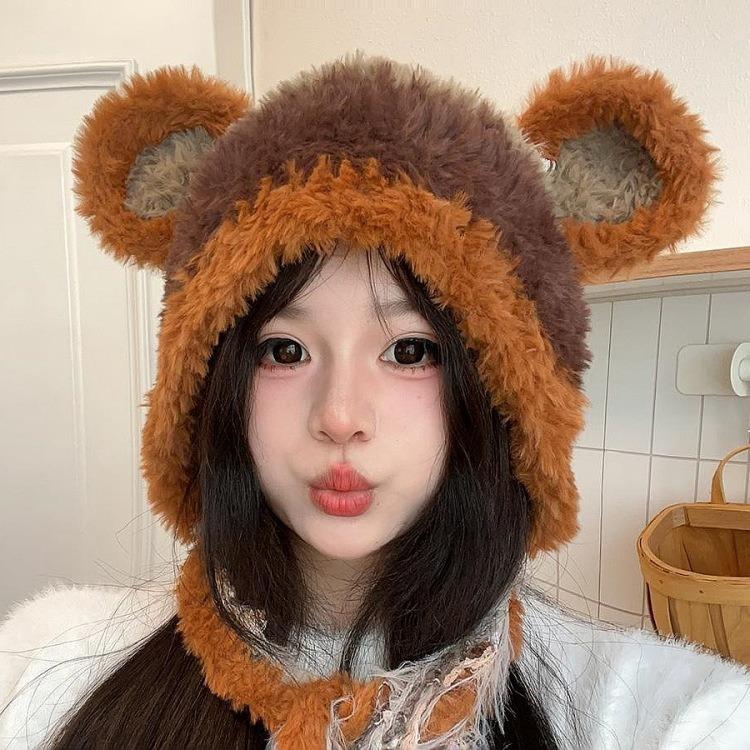 Autumn and Winter New Bear Hat Female Round Ears Little Raccoon Cute Plush Hat Strap Warm Knitted Hat