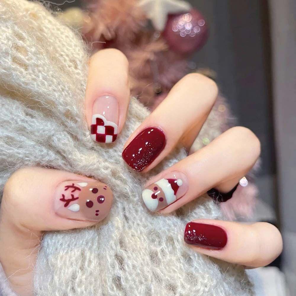 24Pcs/set Elk Pattern Christmas False Nails Christmas Snowflake Christmas Fake Nail Extension  Lady