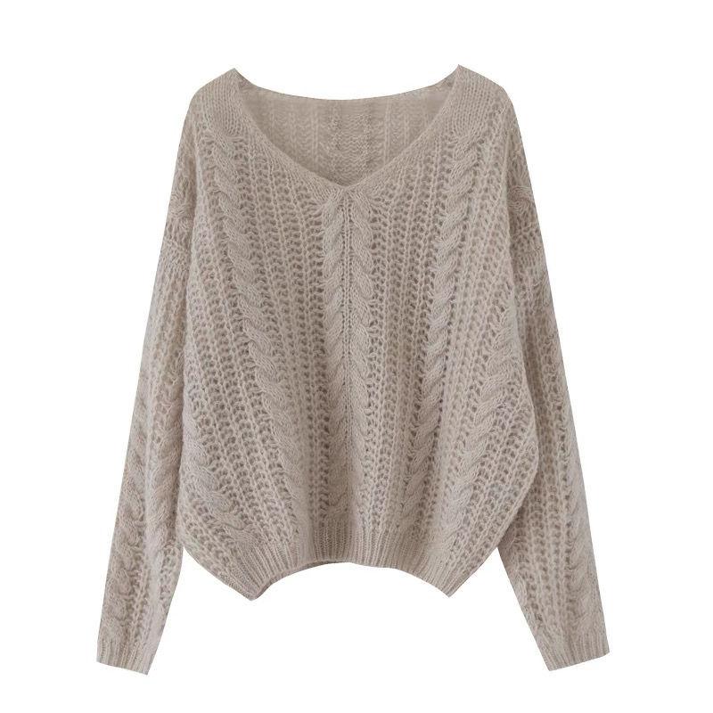 Women's French Lazy Style Soft Solid-Color Early Autumn Lightweight Knit Sweater Gentle Temperament V-Neck Top