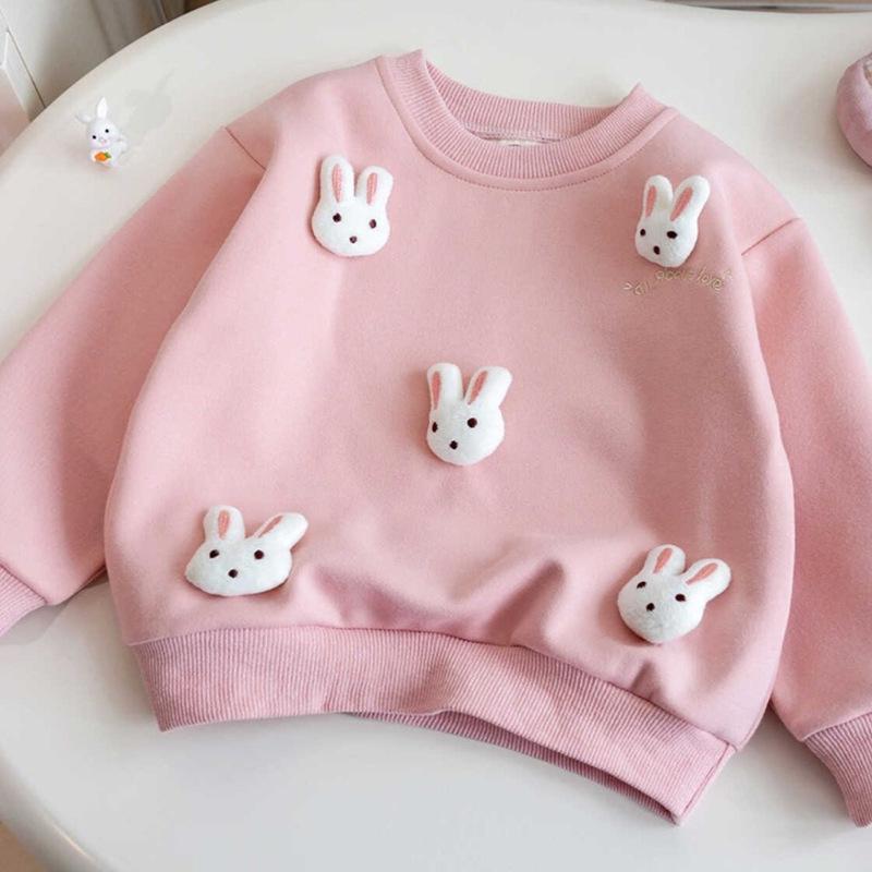 2024 Autumn Baby Girl Korean Hoodie - Cartoon Style with 3D Rabbit Decoration