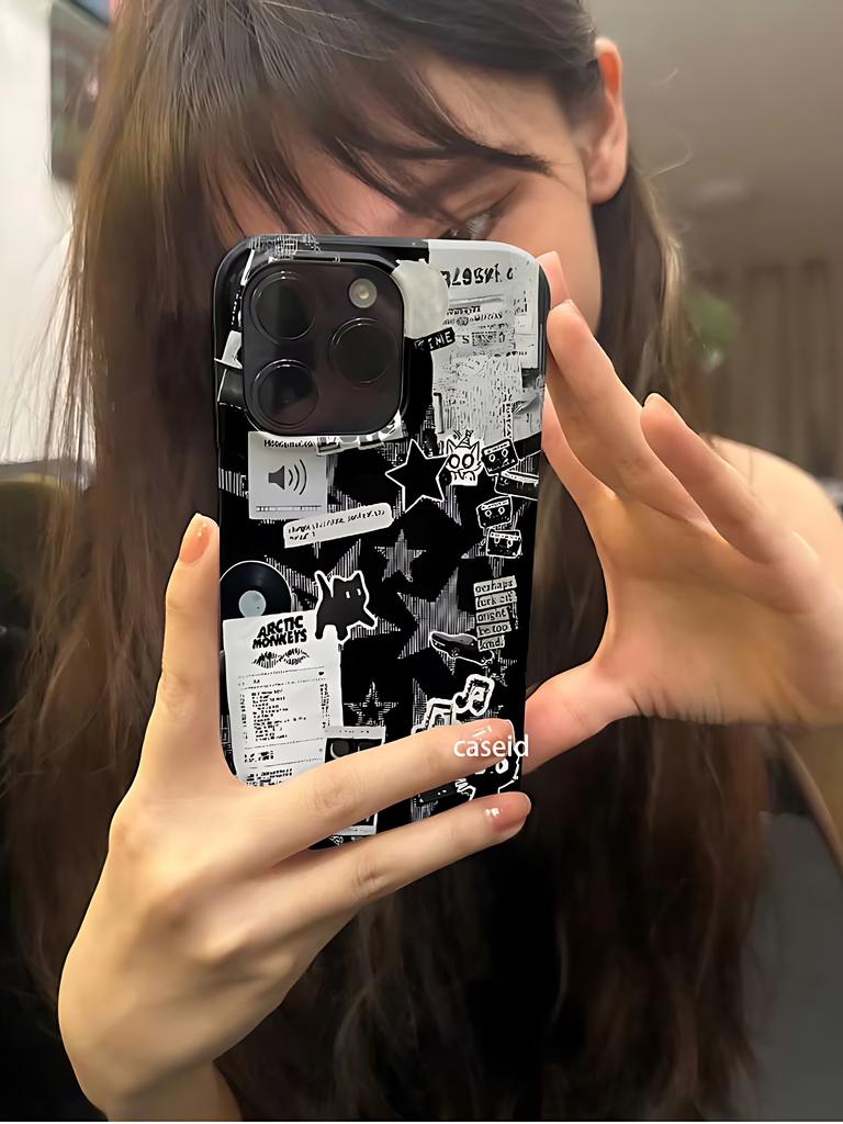 Ins Style Black White Stickers Phone Case for iPhone 17 16 15 14 13 12 11 Air Pro Max X XS XR 7 8 Plus Glossy Film Hard PC Cover