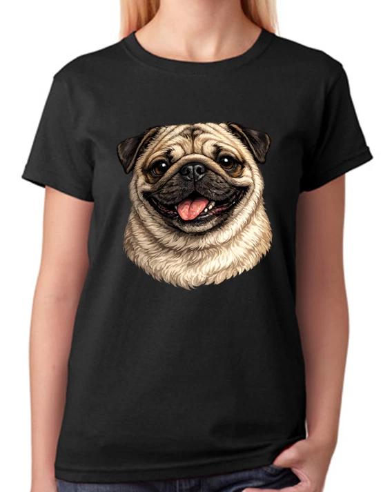 Pug Dog Face Illustration Ladies T-Shirt Cute Wrinkly Dog Tee M