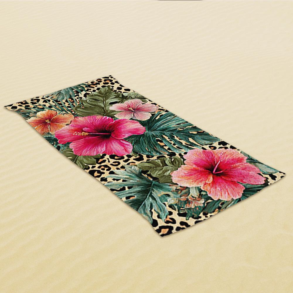 Leopard Tropical Flower Beach Towel 1Pc Microfiber 2D Flat Printed Sandproof Waterproof Summer Pool Swim Bath Towel
